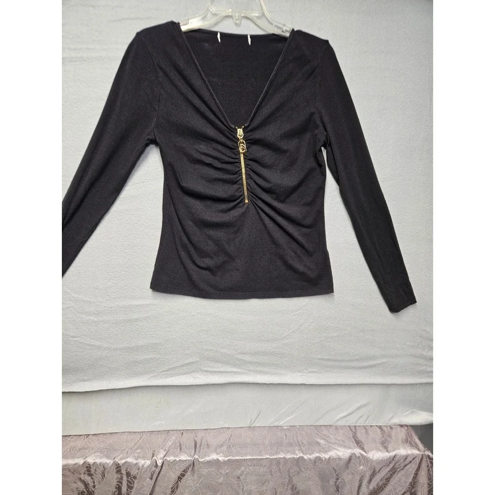 Michael Kors Womens Black Long Sleeve Ruched V-Neck Gold Zip Front Top